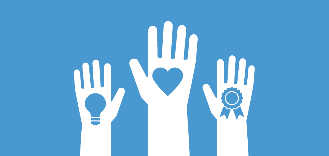 Graphic featuring three raised hands. Each hand has a different icon in its palm- a lightbulb, a heart, and an award ribbon. The raised hand with the heart is longer than the other raised arms.